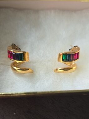 Vintage 1980s Gold-tone Multicolor Spiral Stud Earrings - Women Jewelry
